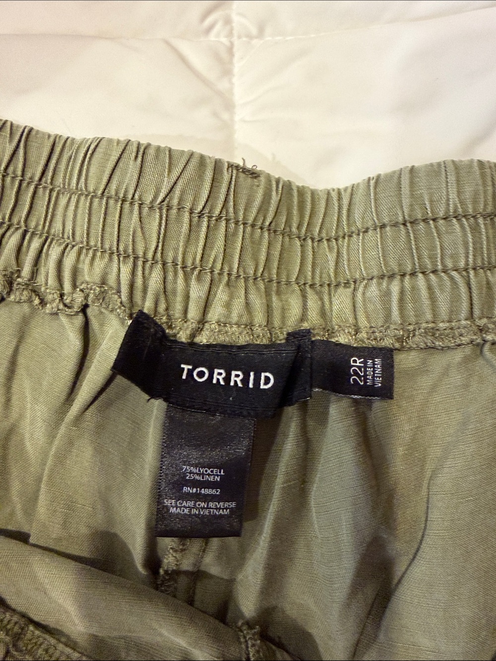 Torrid Olive Green Elastic Waist wide leg flowing pants. Needs a good ironing!